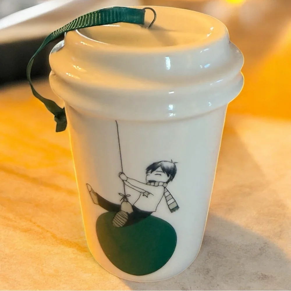 Starbucks Holiday 2015 Mini Cup Ornament Swinging Boy Design Ceramic Collectible